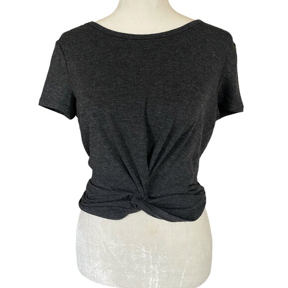 Women's black heather crewneck short sleeve stretchy soft tie front crop top - Picture 1 of 5